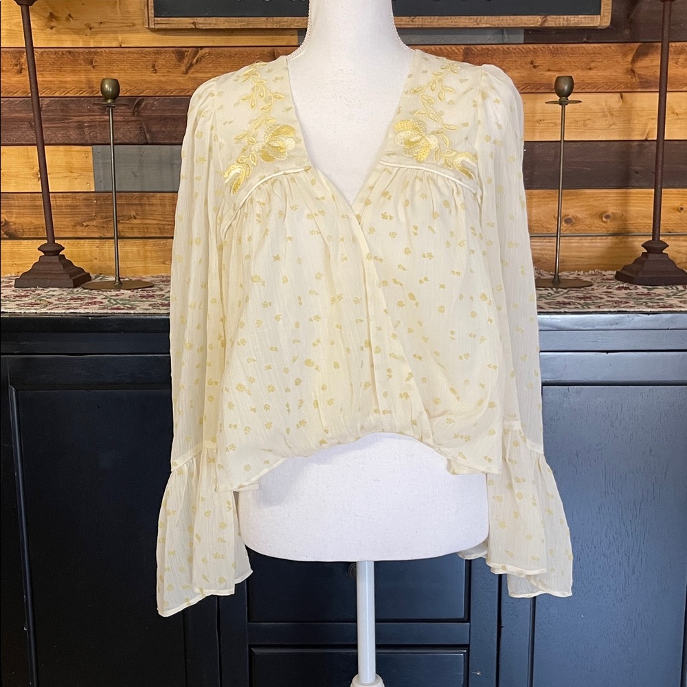Free People Cream Blouse with Gold Embroidery